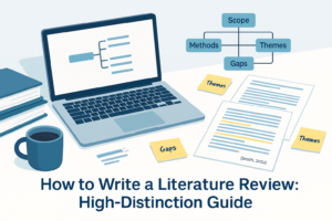 Flat illustration of a literature review workflow with stacked papers, magnifying glass, charts, and connecting arrows
