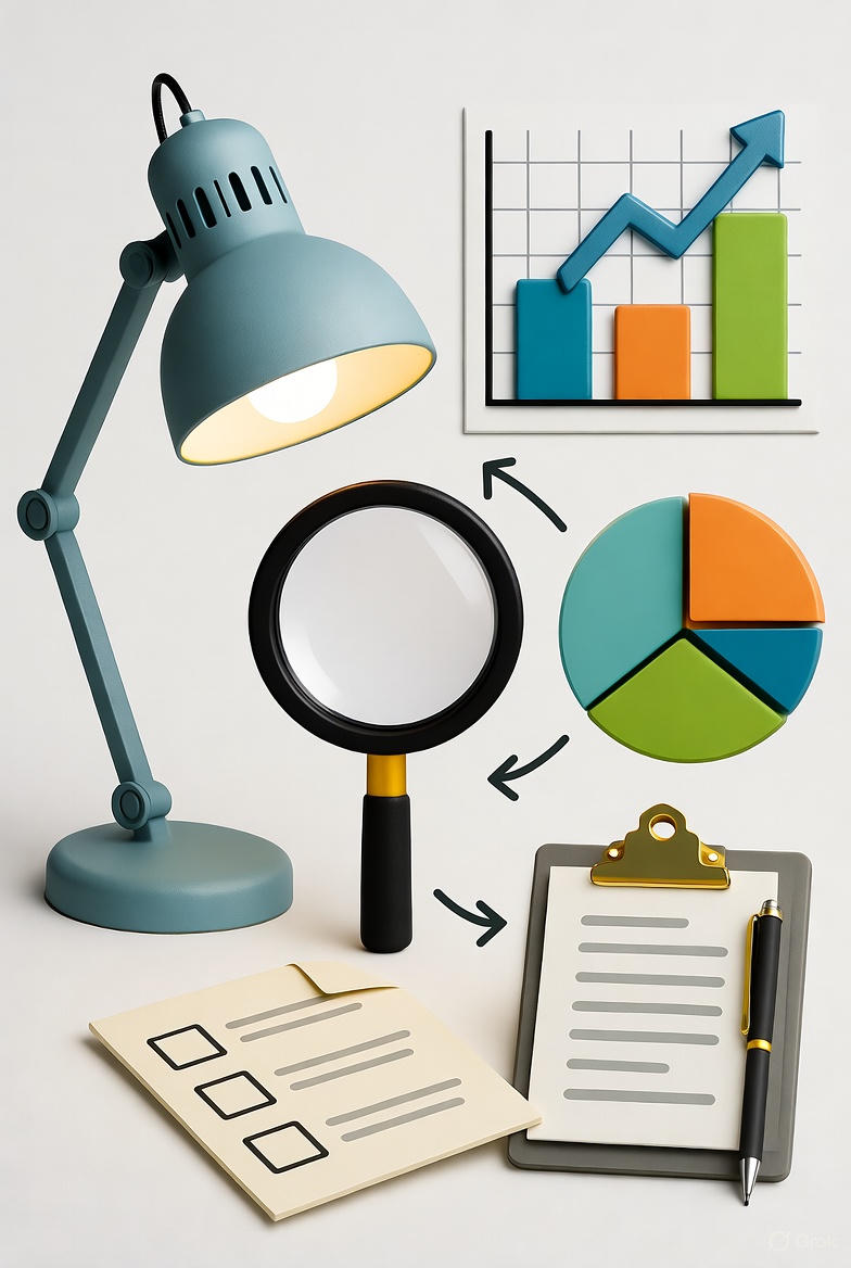 A clean 3D illustration showing a desk lamp illuminating a magnifying glass, charts, and a checklist with connecting arrows, representing the streamlined process of planning, researching, and writing a high-scoring assignment.